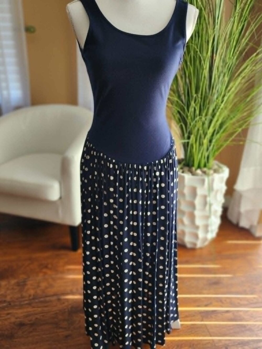 Laura Ashley Navy Polka Dot Sleeveless Midi Dress UK10 US6 Made in Great Britain